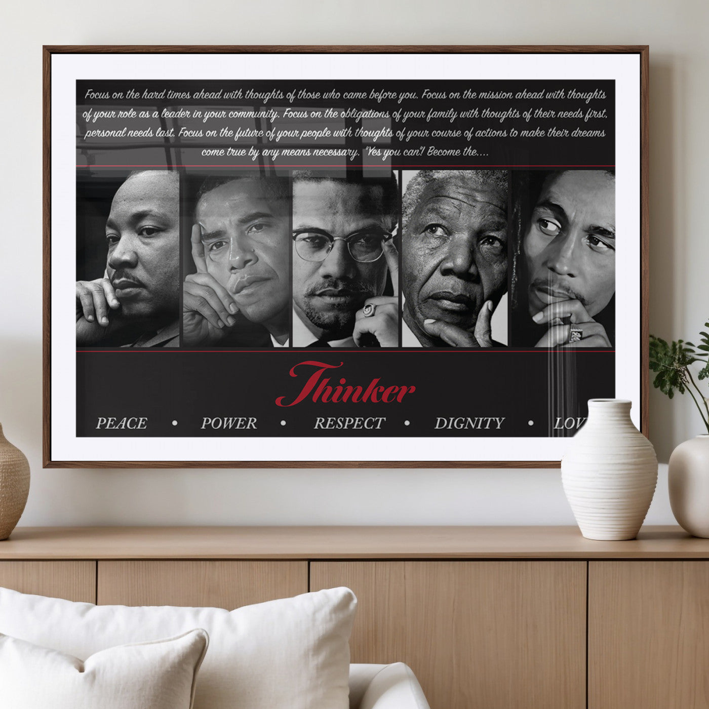 Monochrome canvas of iconic Black leaders with a powerful quote, perfect for modern spaces with a cultural or motivational theme.