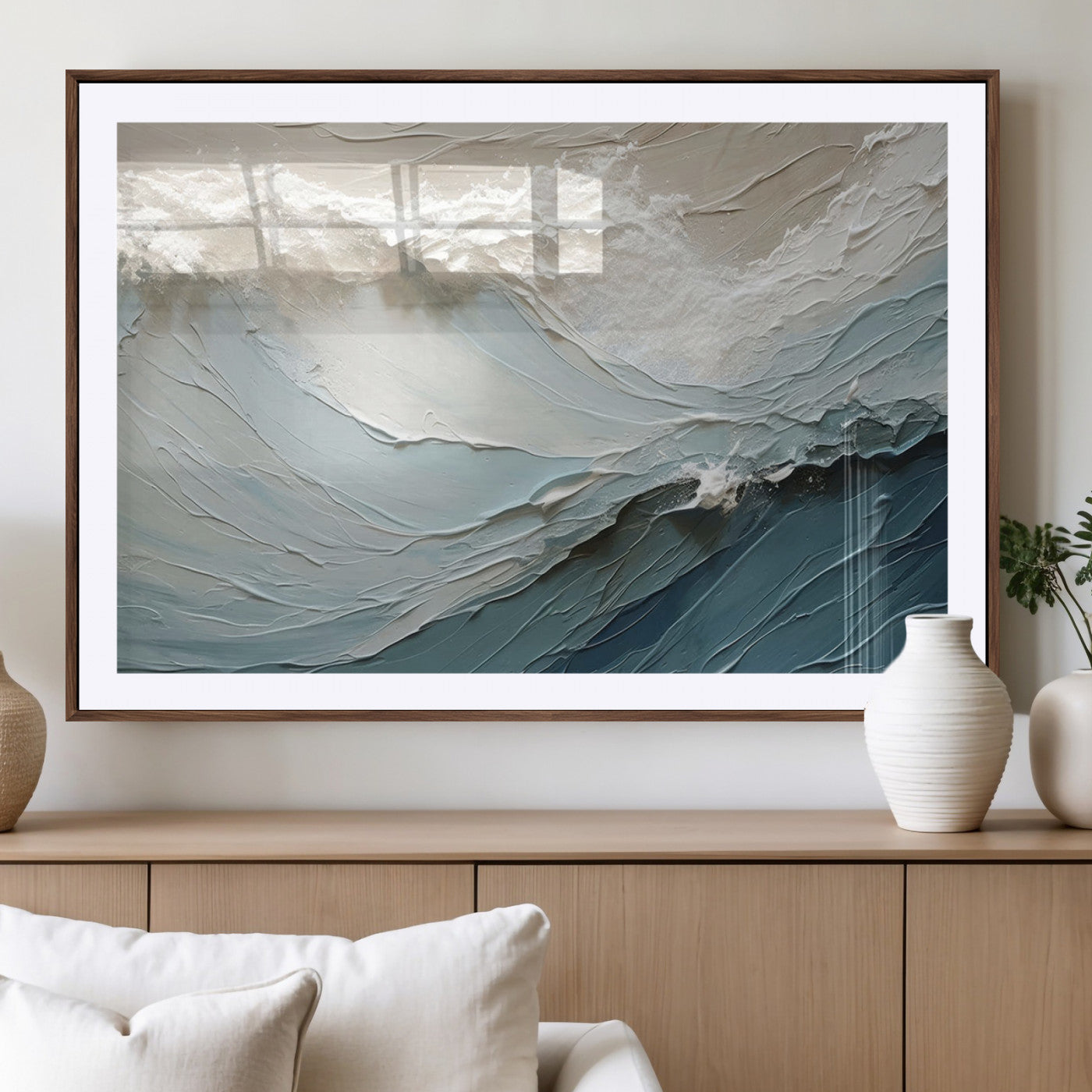 Textured canvas of ocean waves in soft coastal blues and creamy whites, ideal for modern or minimalist coastal-style interiors.