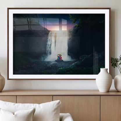 Romantic scene of Stitch and Angel sitting under a leaf in front of a glowing waterfall, ideal for tropical or fantasy-themed decor.