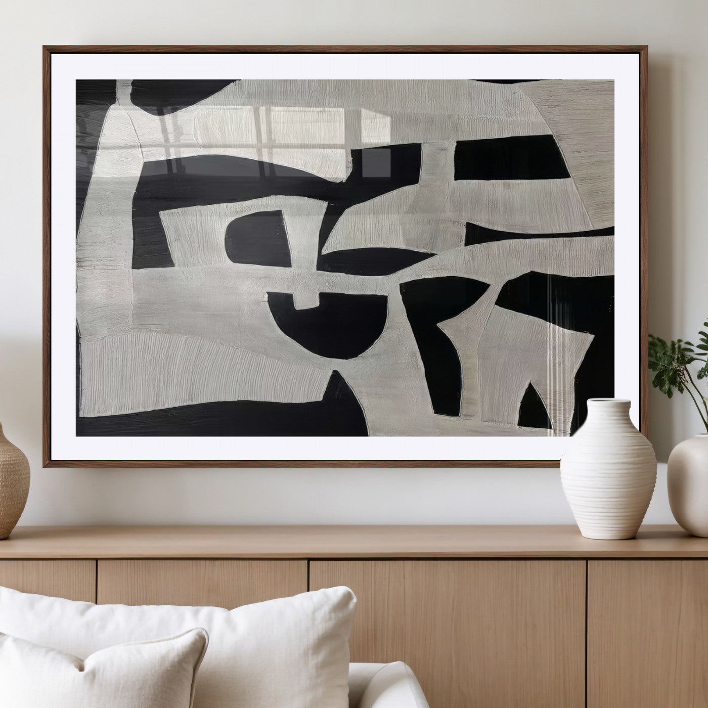 Minimalist black and white canvas featuring bold abstract textures and geometric shapes, ideal for modern neutral decor.