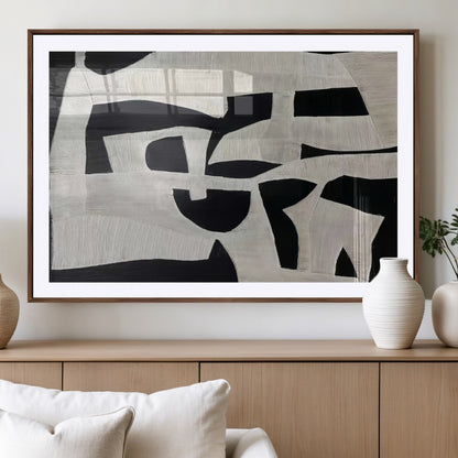 Minimalist black and white canvas featuring bold abstract textures and geometric shapes, ideal for modern neutral decor.