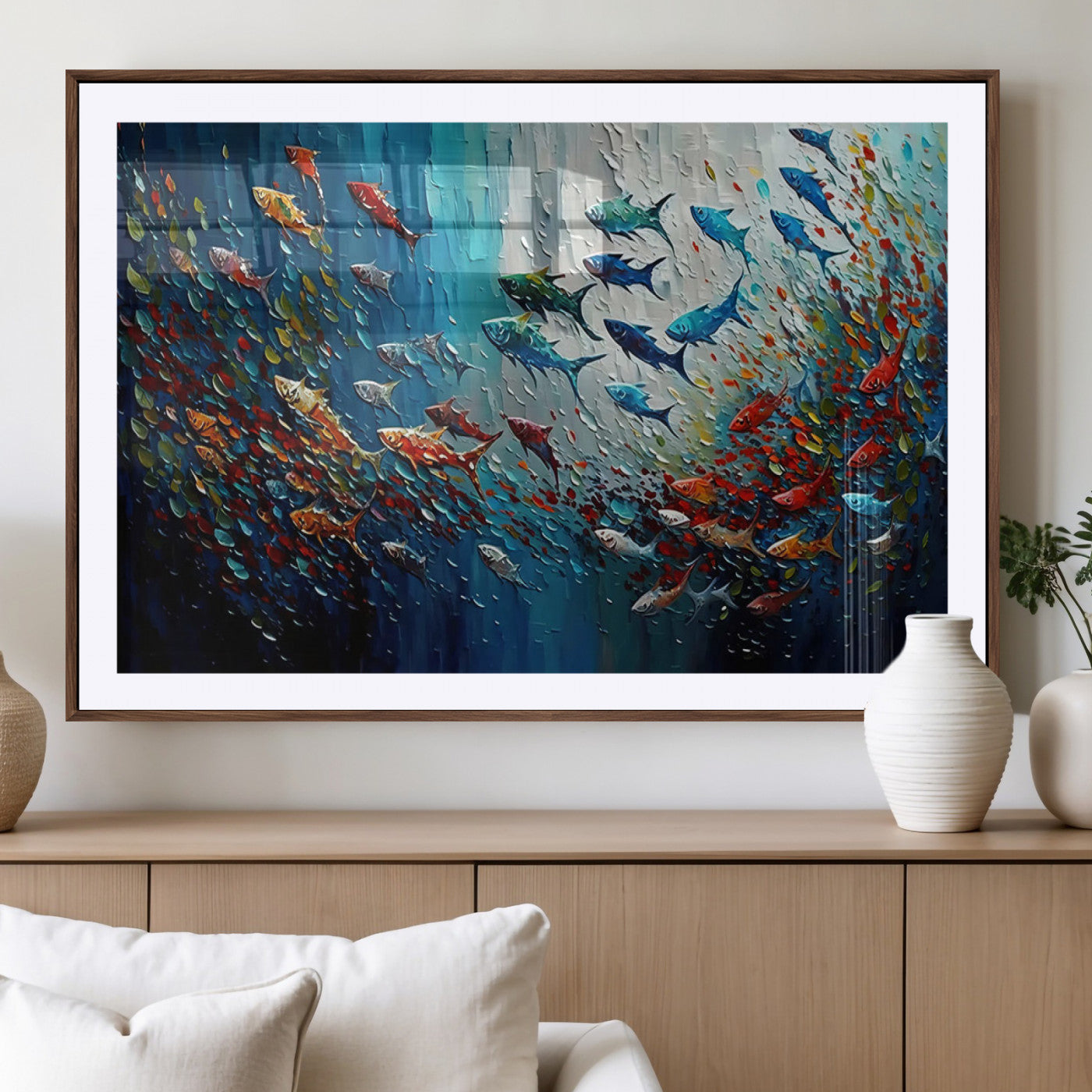 Colorful painting of fish swimming in abstract ocean swirls, perfect for vibrant marine-themed or expressive coastal home decor.