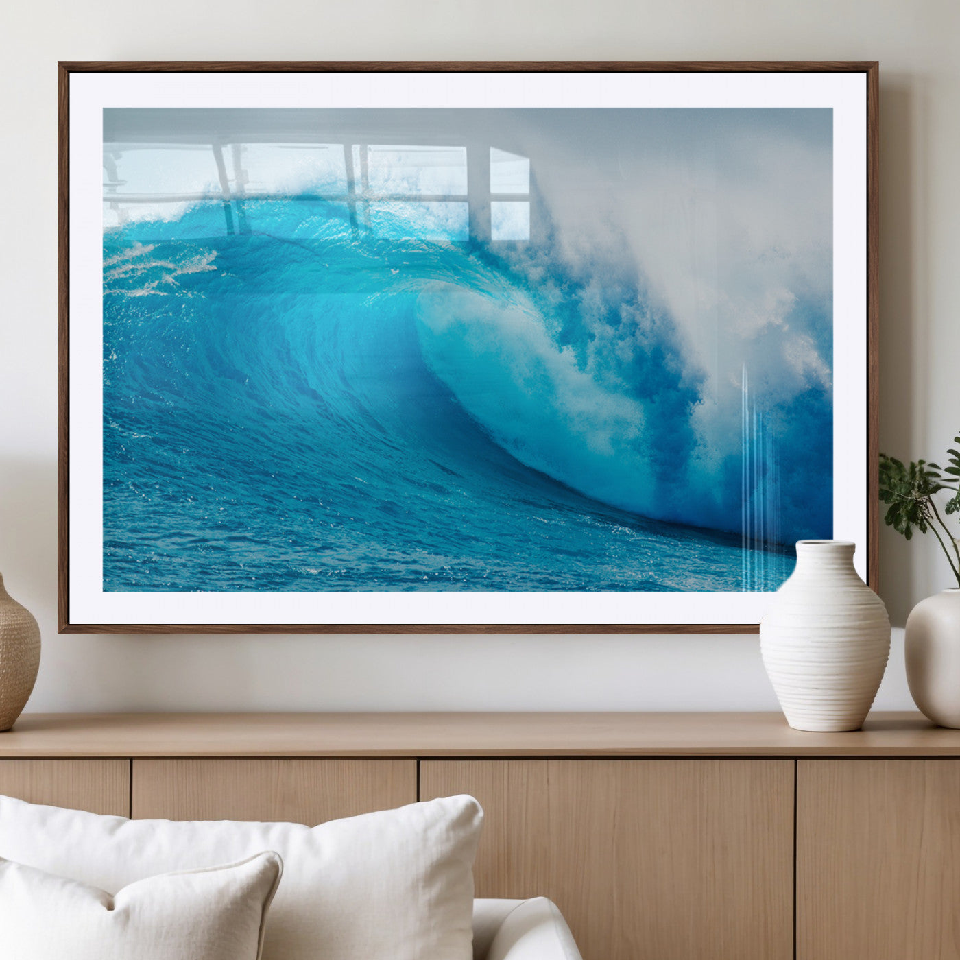 Vibrant canvas of a powerful curling ocean wave in tropical blue tones, perfect for coastal or surf-inspired decor settings.