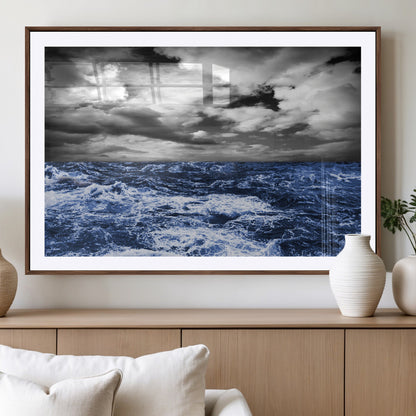 Moody canvas wall art of a stormy ocean under a dramatic black-and-white sky, perfect for bold or coastal-style interiors.