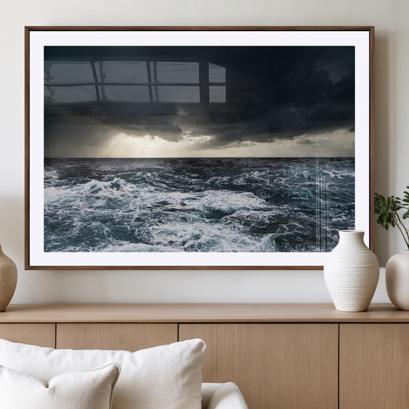 Moody ocean scene with stormy skies and crashing waves, perfect for dramatic or coastal-style home wall decor.