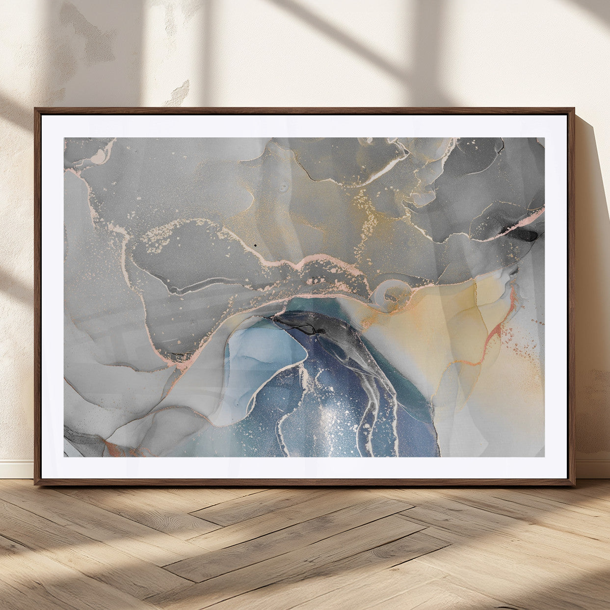 63211-MGC-FP-36x24_Walnut-Abstract Fluid Art Wall Decor – Blue, Gray & Gold Canvas Print, Modern Home and Office Wall Art Decor for Living Room, Bedroom or Workspace