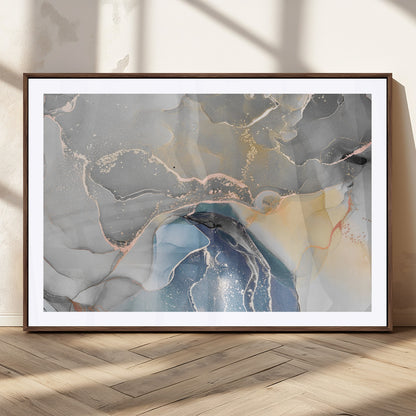 63211-MGC-FP-36x24_Walnut-Abstract Fluid Art Wall Decor – Blue, Gray & Gold Canvas Print, Modern Home and Office Wall Art Decor for Living Room, Bedroom or Workspace