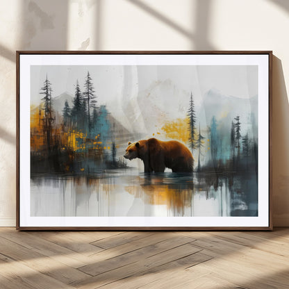 A majestic bear stands by the serene waters of a misty forest, surrounded by towering trees and distant mountains, evoking the raw beauty and wild spirit of nature.