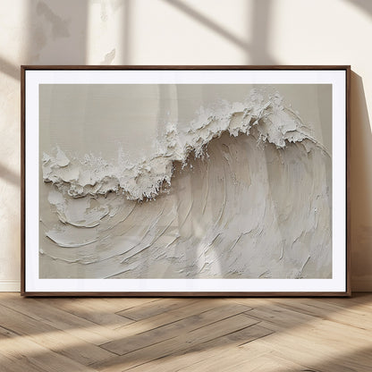 Textured canvas of an abstract white ocean wave in neutral tones, ideal for modern coastal or minimalist home decor.