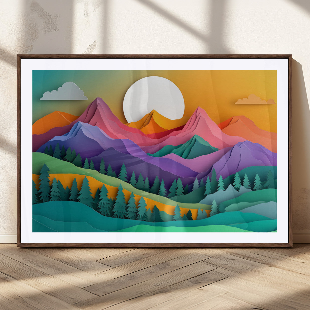Canvas of colorful layered mountains and pine trees in abstract paper cut style, ideal for vibrant modern or whimsical home decor.