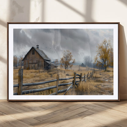 A tranquil rural scene featuring a rustic barn, overcast skies, and golden fields with scattered trees, evoking a sense of peaceful solitude in nature.