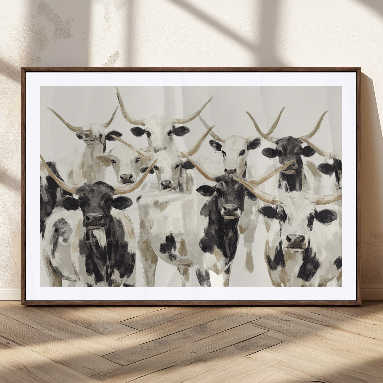 Canvas of a Texas Longhorn cattle herd in neutral black and white tones, ideal for rustic farmhouse or western-themed decor.