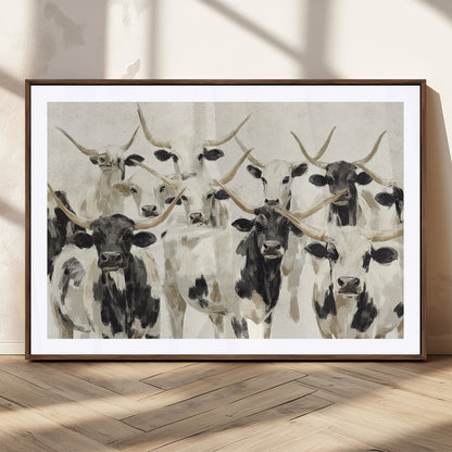 Canvas of a Texas Longhorn cattle herd in neutral black and white tones, ideal for rustic farmhouse or western-themed decor.