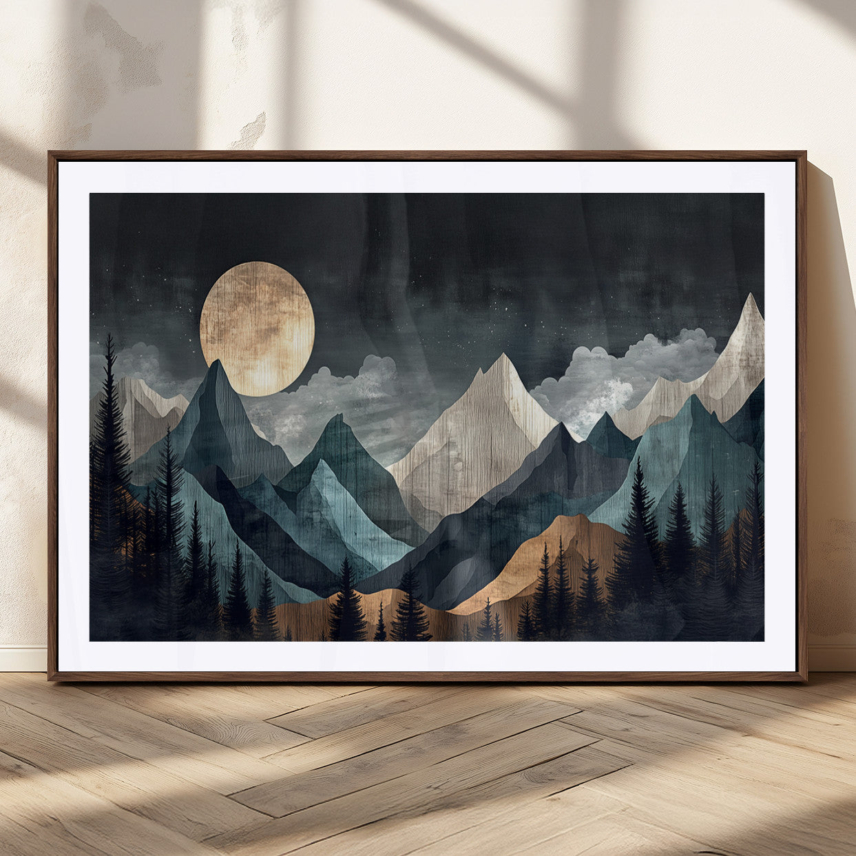 Stylized canvas of layered mountains under a full moon in neutral moody tones, ideal for nature-inspired or modern rustic interiors.