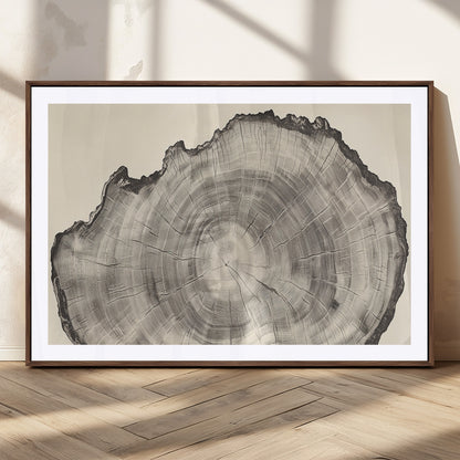 Detailed tree ring drawing in monochrome tones, ideal for rustic or nature-inspired interiors with a minimal decor aesthetic.