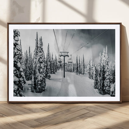Canvas of a snowy ski lift scene through a forest of tall pine trees, ideal for moody winter or alpine-themed home decor.