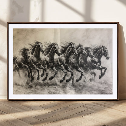 Monochrome drawing of a herd of galloping horses, perfect for dynamic and wild-themed decor in any equestrian or nature-inspired room.