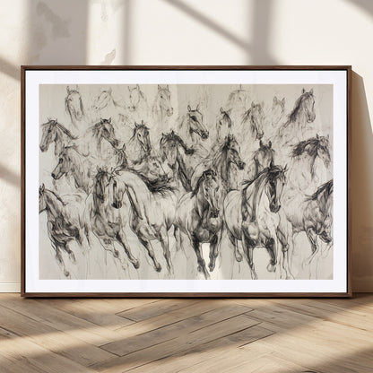 Monochrome ink sketch of galloping horses in dynamic motion, perfect for western or equine-themed wall decor with bold artistic energy.