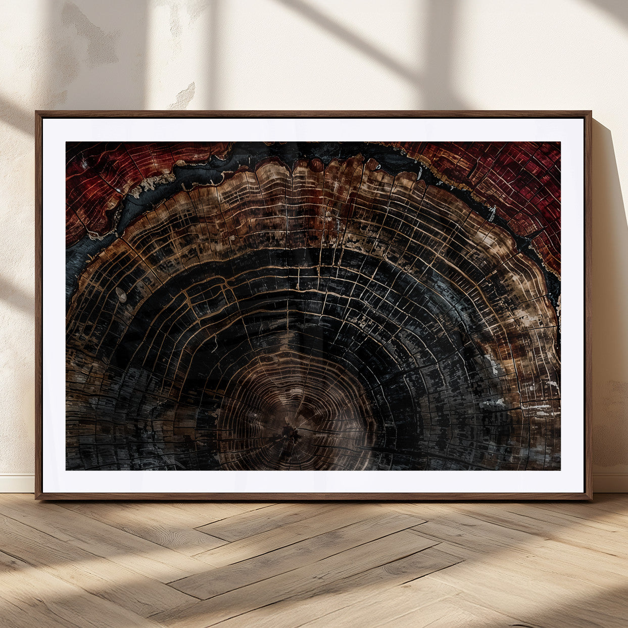 Dark Wood Wall Art Print - Petrified Tree Canvas Print, featuring an intricate tree ring pattern with deep earthy tones and organic textures, perfect for rustic and nature-inspired decor.