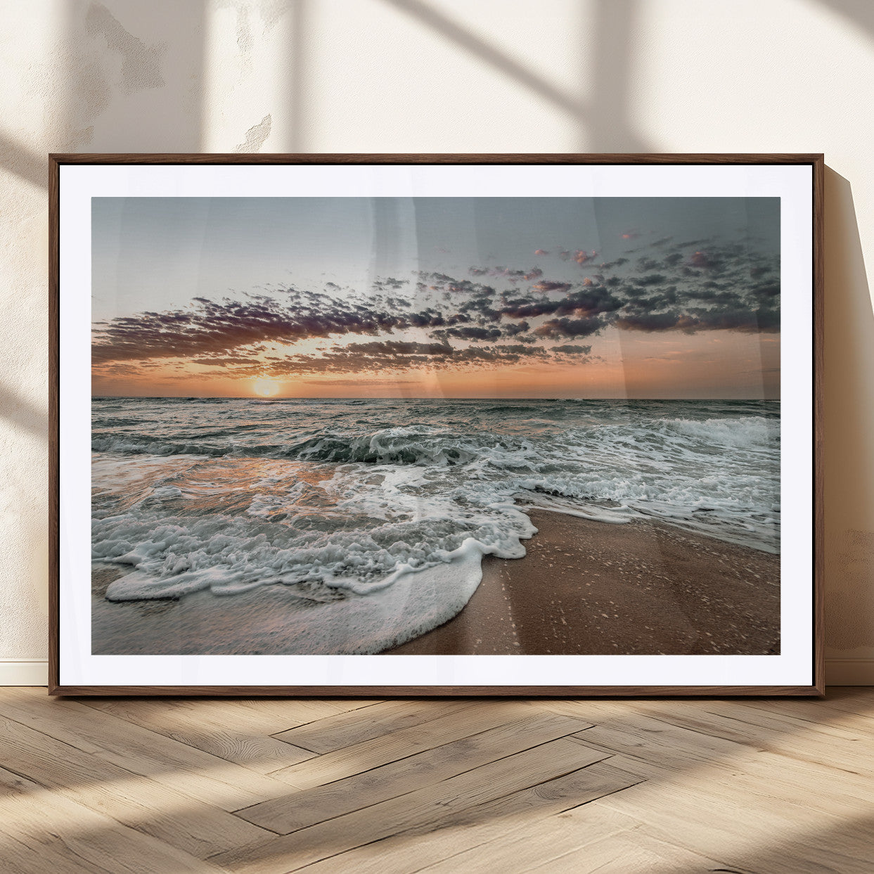 Ocean Sunset Wall Art Print - Beach Waves Canvas Print, featuring a serene seascape with golden sunlight reflecting on gentle waves, perfect for coastal and minimalist decor.