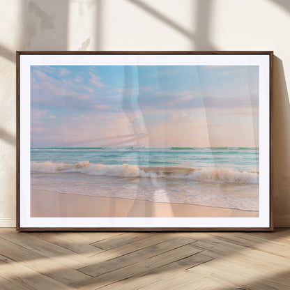 Pastel-toned ocean waves under soft sunset skies, ideal for pastel coastal or serene beach-style home decor.
