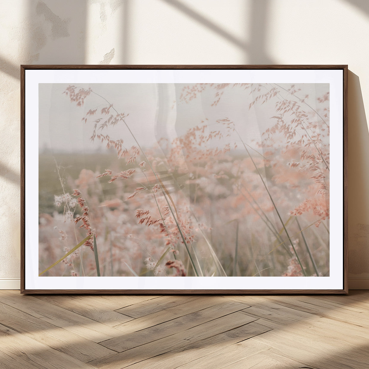 Soft pastel field with wild grasses in warm light, ideal for minimal nature or airy countryside-inspired interior wall decoration.