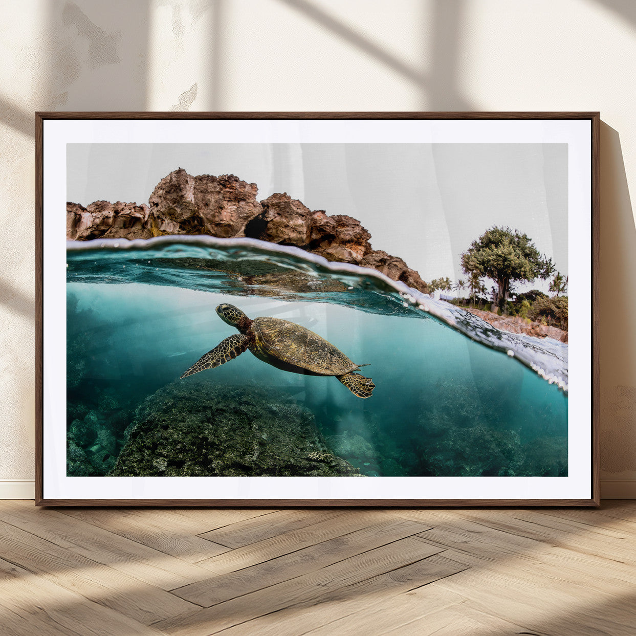 Dynamic split-view photo of a sea turtle swimming near rocky shores, perfect for vibrant coastal or tropical beach home decor.