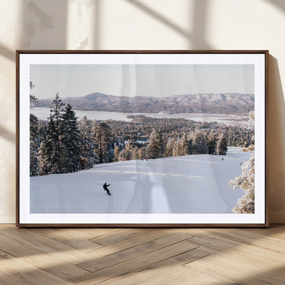 Canvas of a snowy mountain ski slope with pine trees and bright winter light, ideal for modern rustic or alpine-inspired home decor.