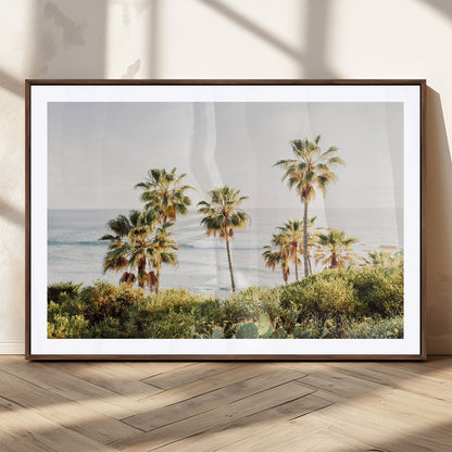 Framed print of sunlit palm trees on the California coast with warm tones, perfect for coastal minimalist or beach-style home decor.