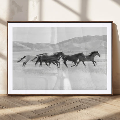 A black and white image of wild horses running freely across an open grassland, capturing the power and beauty of untamed nature in a rustic western setting.