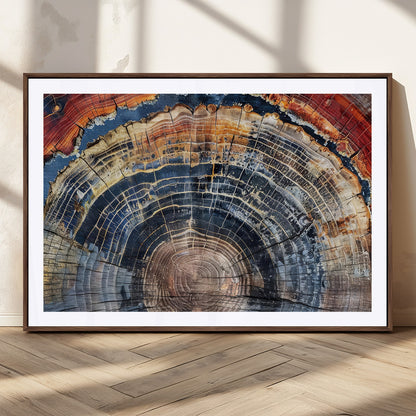 Vibrant tree ring with orange, brown, and blue tones in abstract detail, perfect for rustic or boho-inspired wall decor.