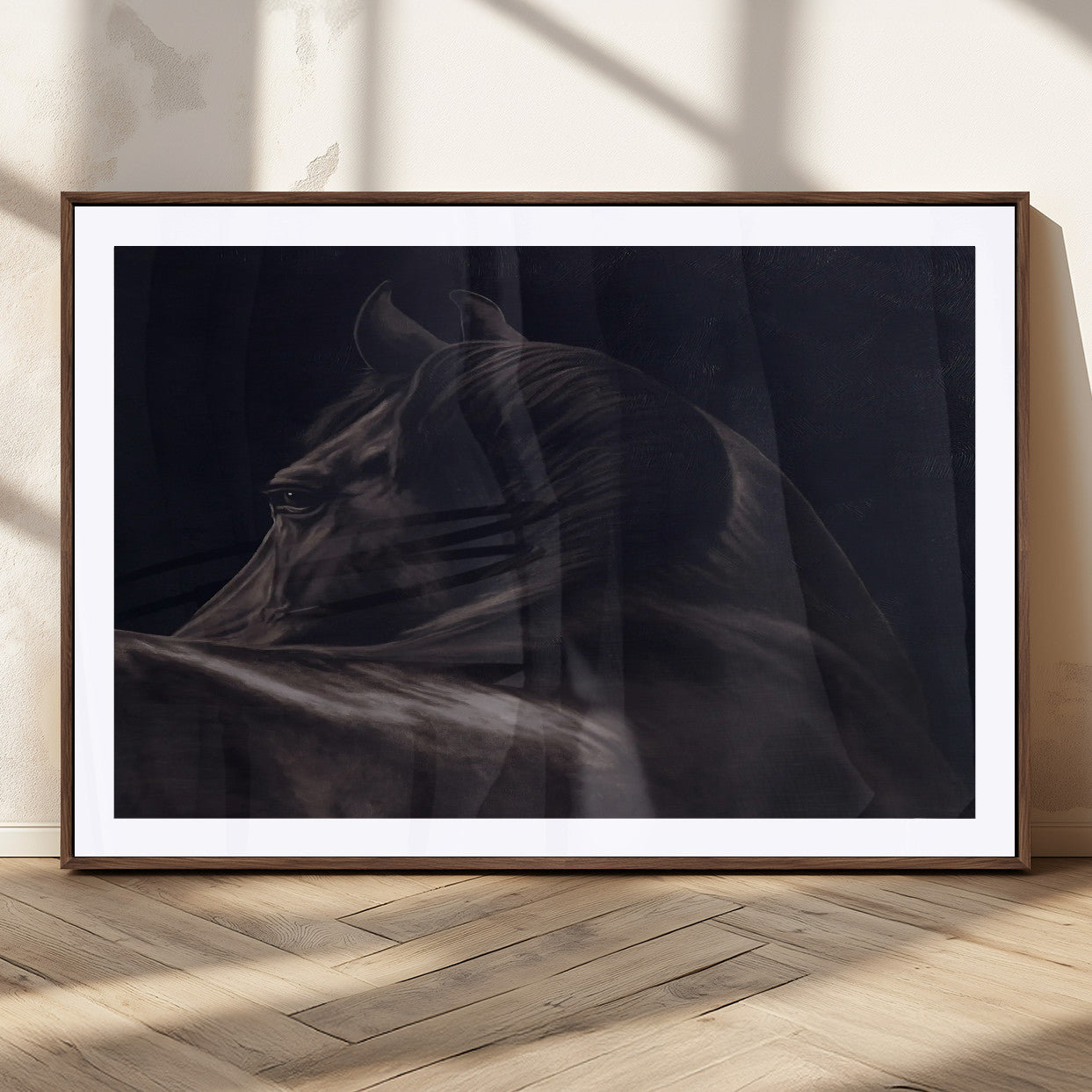 Close-up of a black horse with dramatic lighting on a dark background, perfect for rustic or masculine home decor.