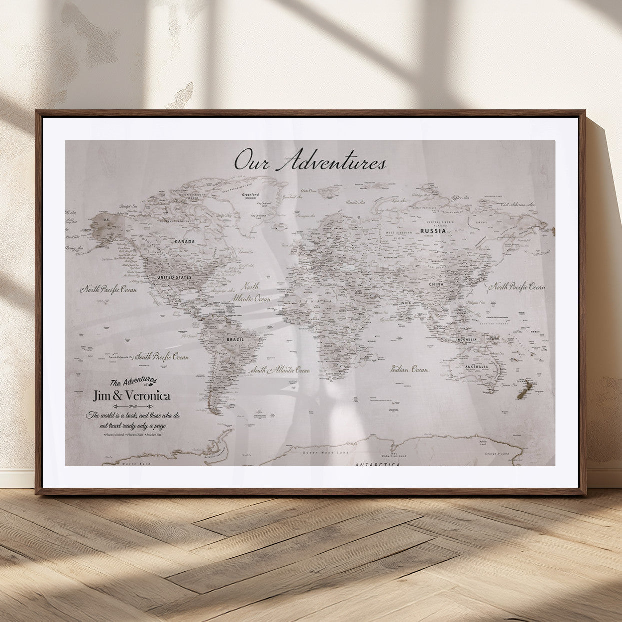 Customize Push Pin World Map Wall Canvas Print – Personalized Travel Map with Foam Pins – Framed Custom Quotie Canvas for Home Office Decor
