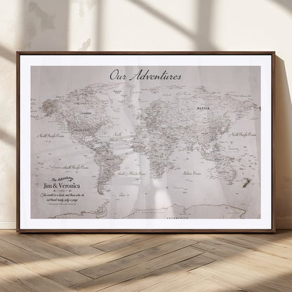 Customize Push Pin World Map Wall Canvas Print – Personalized Travel Map with Foam Pins – Framed Custom Quotie Canvas for Home Office Decor