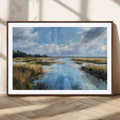 A beautiful, painterly landscape of a calm river winding through a marsh, with vibrant green grasses and a bright blue sky filled with fluffy clouds.