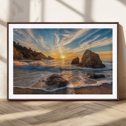 Rocky Ocean Sunset Wall Art Print, Seaside Canvas Wall Art, Dramatic Seascape Canvas Print for Coastal Modern Decor, Ocean Sunset Art Printing