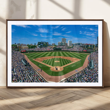 Wrigley Field Baseball Stadium Canvas Wall Art, Packed Crowd Sports Stadium Print, City Skyline Baseball Field Canvas for Game Room Decor