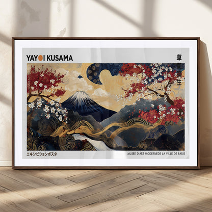An artwork by Yayoi Kusama featuring Mount Fuji, blooming cherry blossoms, and swirling patterns in a harmonious blend of nature and art.