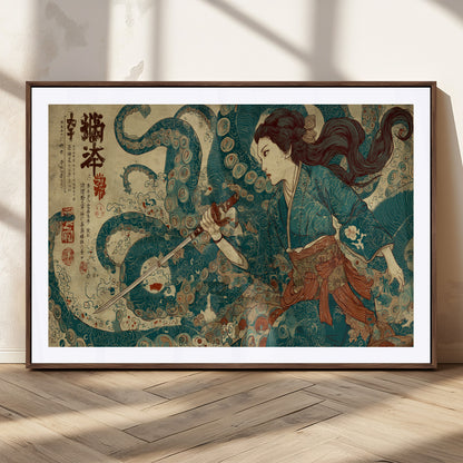 Tsukioka Yoshitoshi Samurai Wall Art Print, Japanese Katana Warrior Canvas Wall Art, Octopus Sea Monster Canvas Print,