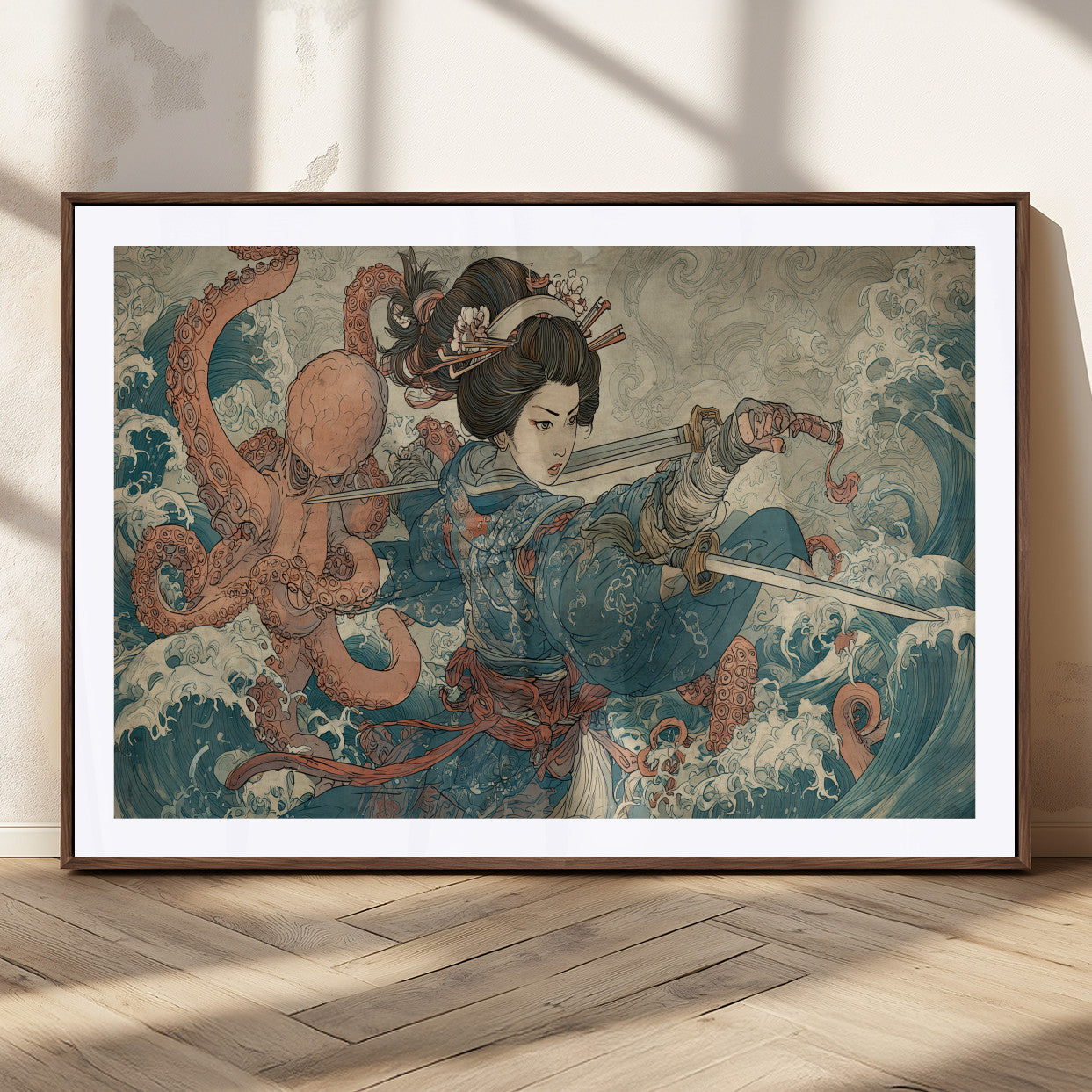 Tsukioka Yoshitoshi Samurai Wall Art Print, Japanese Katana Warrior Canvas Wall Art, Octopus Sea Monster Canvas Print,