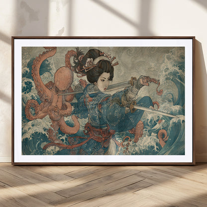 Tsukioka Yoshitoshi Samurai Wall Art Print, Japanese Katana Warrior Canvas Wall Art, Octopus Sea Monster Canvas Print,