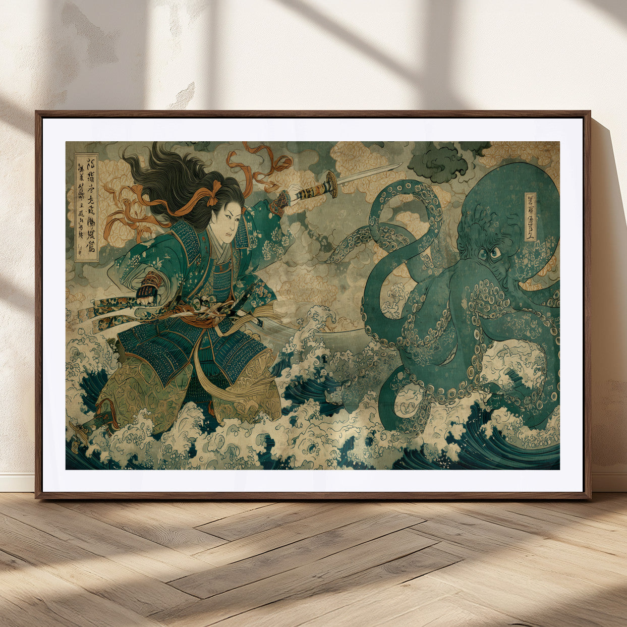 Tsukioka Yoshitoshi Samurai Wall Art Print, Japanese Katana Warrior Canvas Wall Art, Octopus Sea Monster Canvas Print,