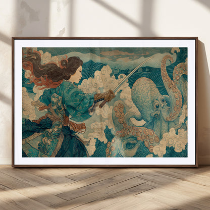 Tsukioka Yoshitoshi Samurai Wall Art Print, Japanese Katana Warrior Canvas Wall Art, Octopus Sea Monster Canvas Print,