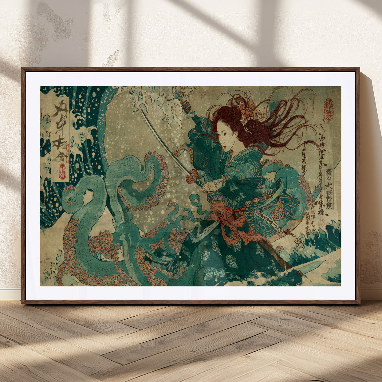 Tsukioka Yoshitoshi Samurai Wall Art Print, Japanese Katana Warrior Canvas Wall Art, Octopus Sea Monster Canvas Print,