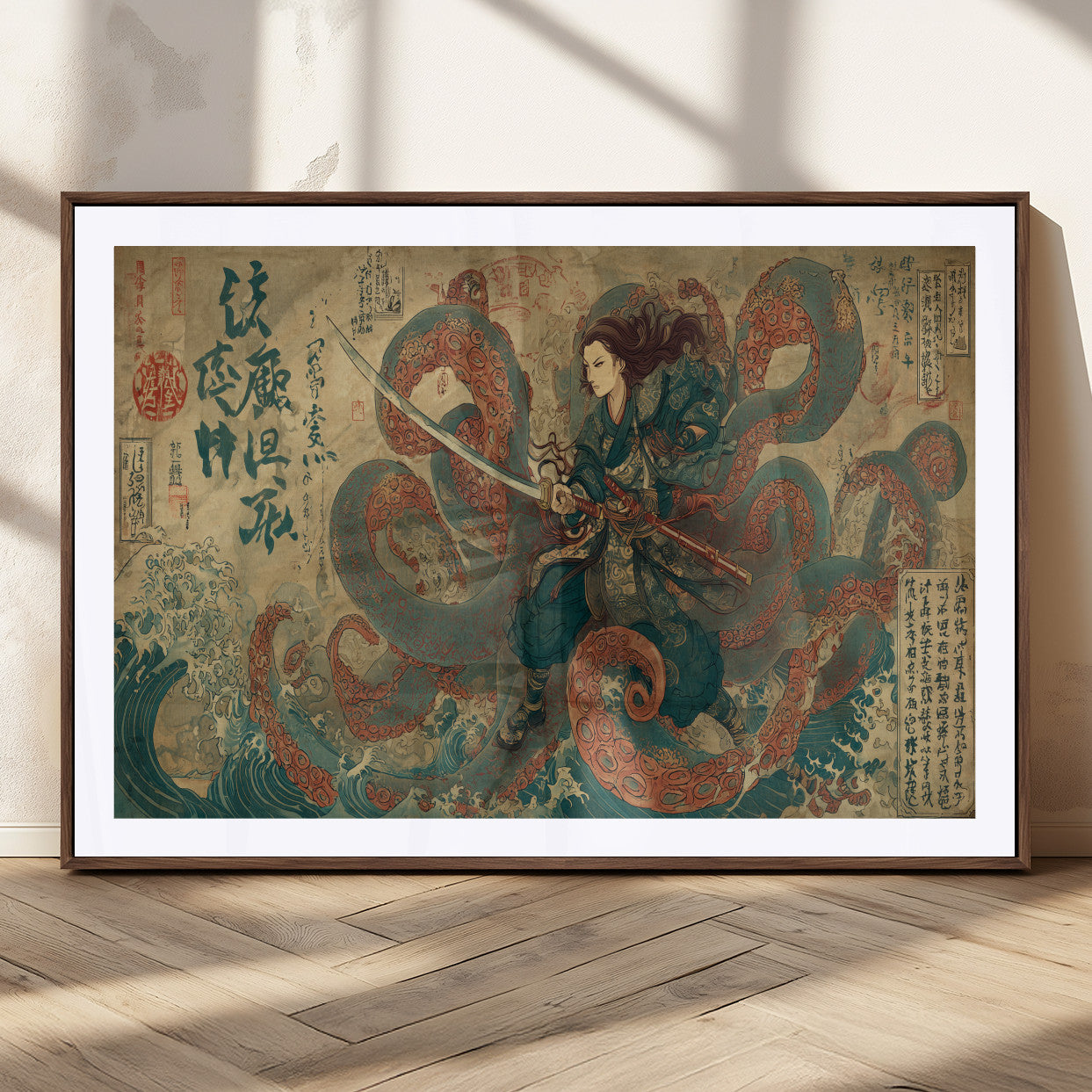 Tsukioka Yoshitoshi Samurai Wall Art Print, Japanese Katana Warrior Canvas Wall Art, Octopus Sea Monster Canvas Print,