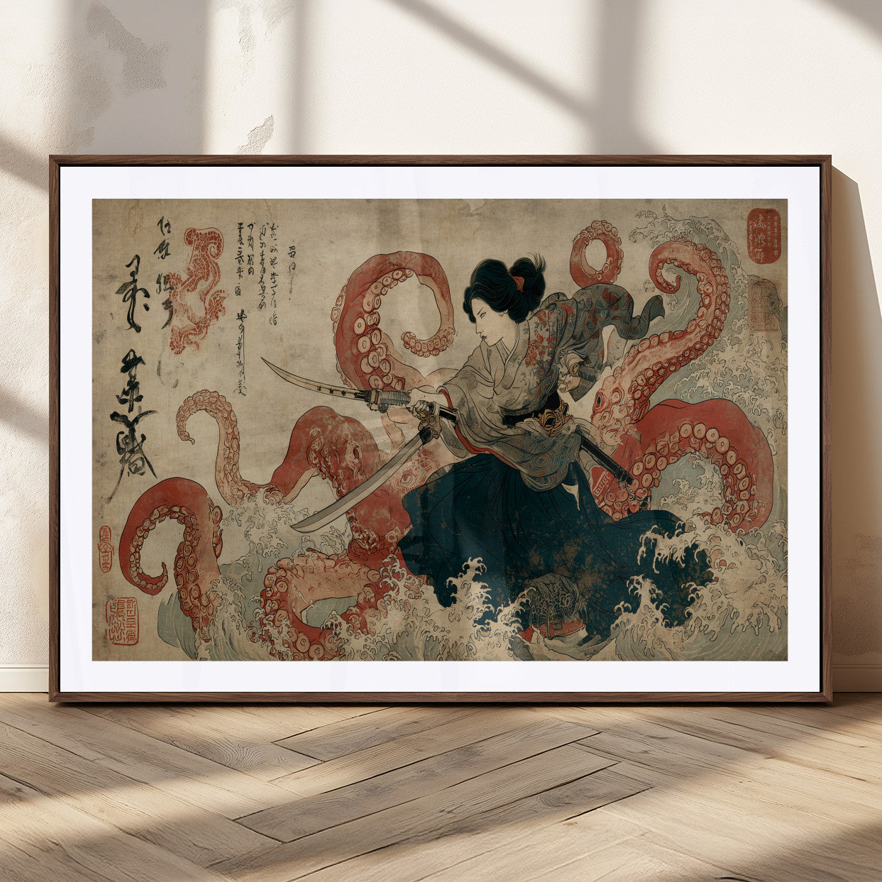 Tsukioka Yoshitoshi Samurai Wall Art Print, Japanese Katana Warrior Canvas Wall Art, Octopus Sea Monster Canvas Print,