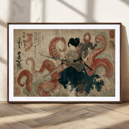 Tsukioka Yoshitoshi Samurai Wall Art Print, Japanese Katana Warrior Canvas Wall Art, Octopus Sea Monster Canvas Print,