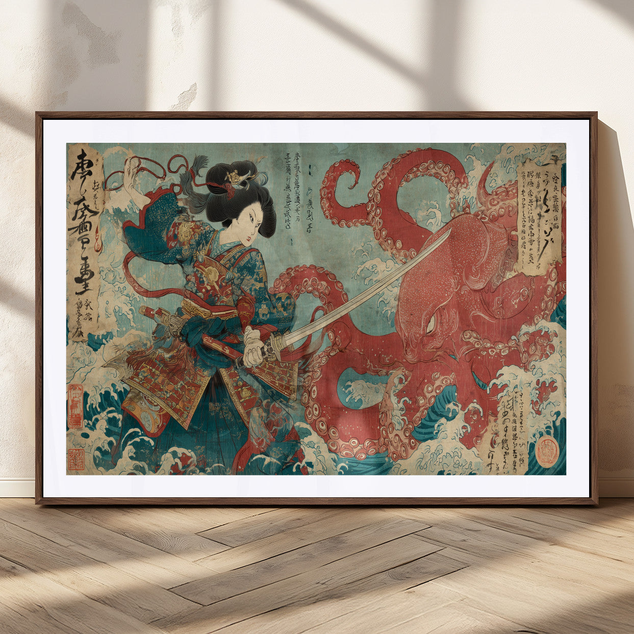 Tsukioka Yoshitoshi Samurai Wall Art Print, Japanese Katana Warrior Canvas Wall Art, Octopus Sea Monster Canvas Print,