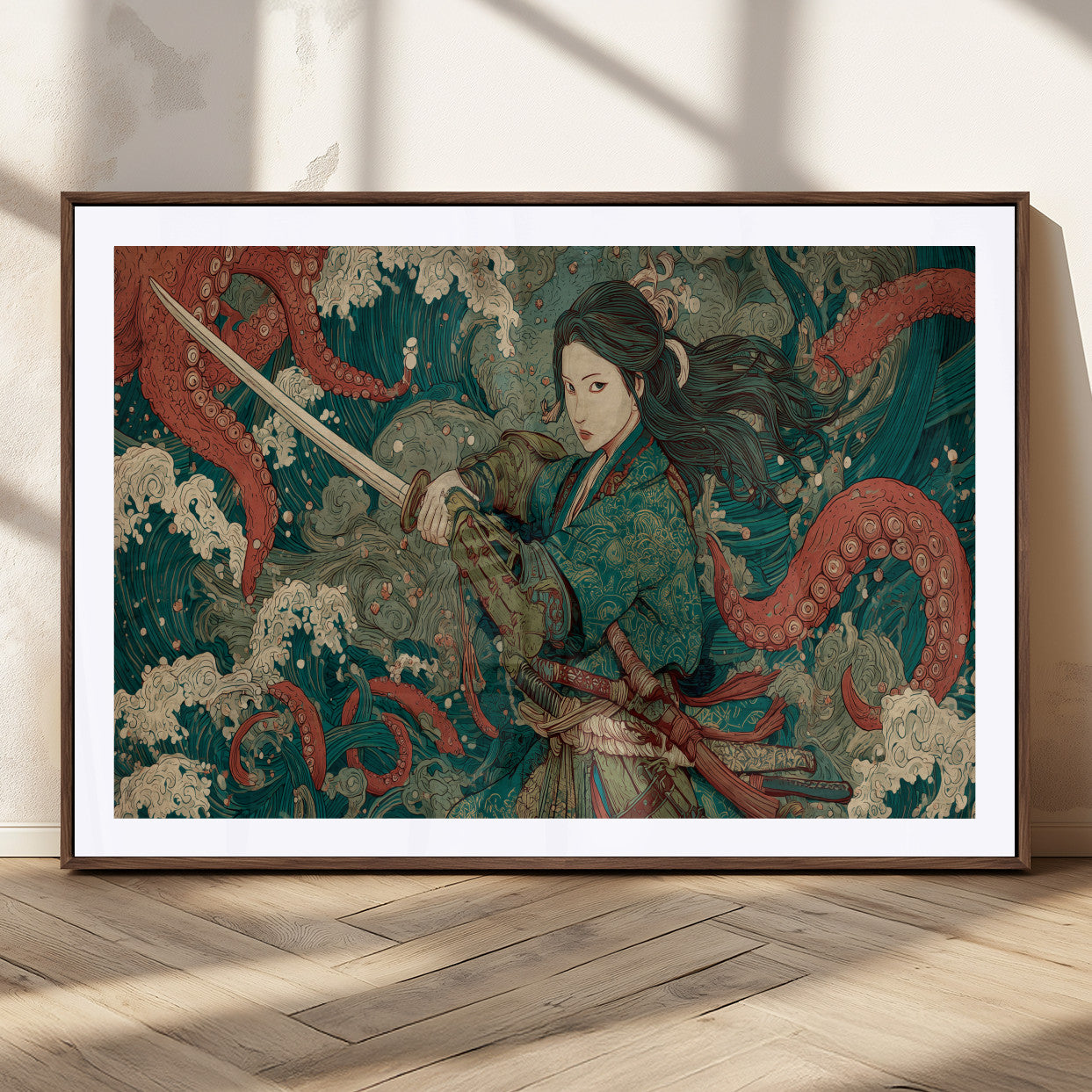 Tsukioka Yoshitoshi Samurai Wall Art Print, Japanese Katana Warrior Canvas Wall Art, Octopus Sea Monster Canvas Print,