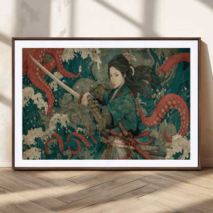 Tsukioka Yoshitoshi Samurai Wall Art Print, Japanese Katana Warrior Canvas Wall Art, Octopus Sea Monster Canvas Print,